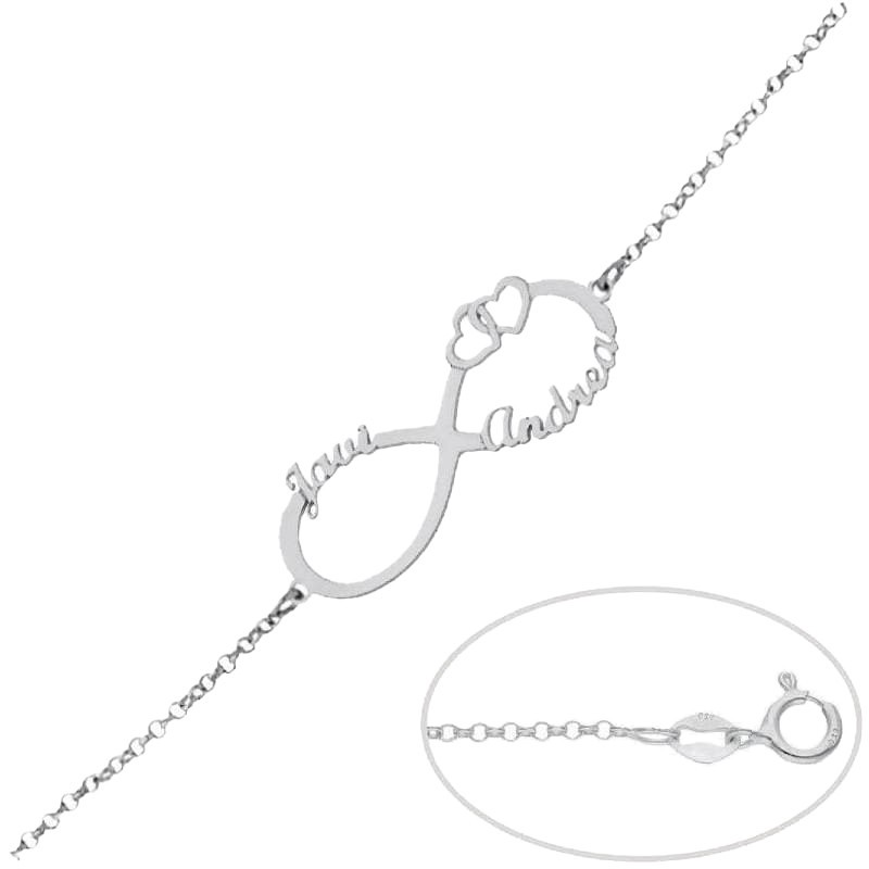 Pulsera Infinito + dos corazones y Nombres en Plata de Ley