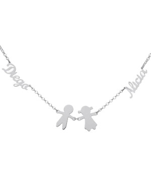 Collar Corazón + Niña y Niño con Nombres en Plata Ley