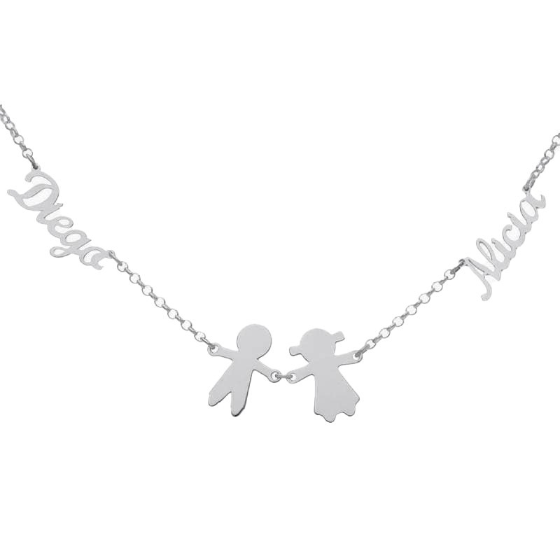 Collar Corazón + Niña y Niño con Nombres en Plata Ley