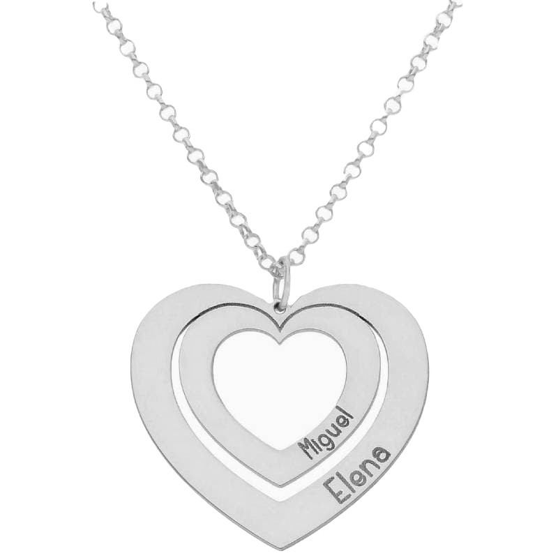 Collar en forma de 2 Corazones + Nombres en  Plata Ley