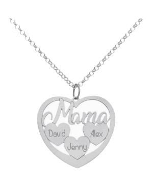 Collar Mama Corazón + 3 Corazones con Nombres en Plata Ley