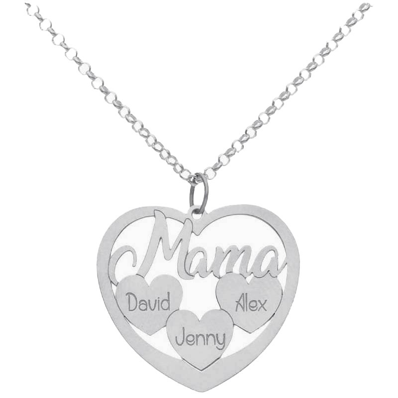 Collar Mama Corazón + 3 Corazones con Nombres en Plata Ley