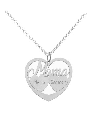 Collar Mama Corazón + 2 Corazones con Nombres en Plata Ley