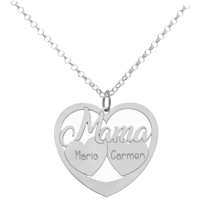 Collar Mama Corazón + 2 Corazones con Nombres en Plata Ley