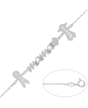 Pulsera Mama + corazón + niños + Nombres en Plata de Ley