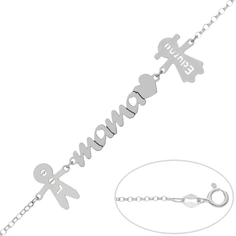 Pulsera Mama + corazón + niños + Nombres en Plata de Ley