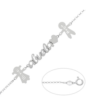 Pulsera Abuela + corazón + niños + Nombres en Plata Ley
