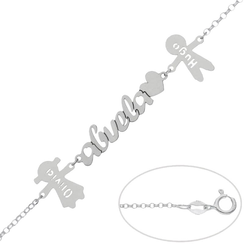 Pulsera Abuela + corazón + niños + Nombres en Plata Ley