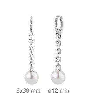 Pendientes Aros Largos con Circonitas y Perla en Plata Ley