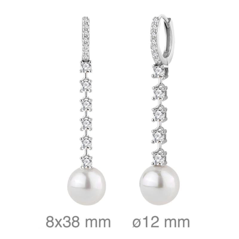 Pendientes Aros Largos con Circonitas y Perla en Plata Ley