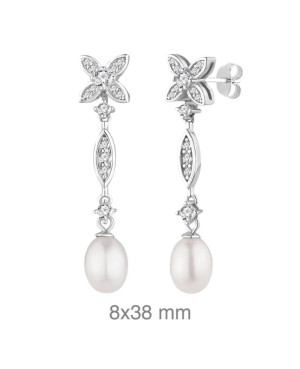 Pendientes Largos con Circonitas y Perla en Plata Ley