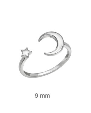 Anillo Abierto con Estrella y Luna de Plata Ley