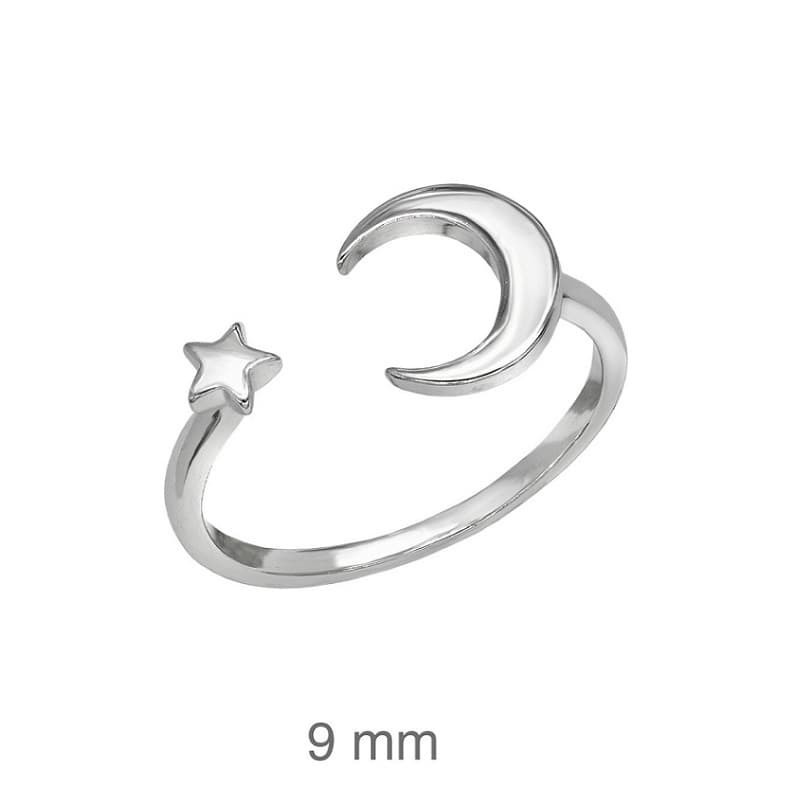 Anillo Abierto con Estrella y Luna de Plata Ley