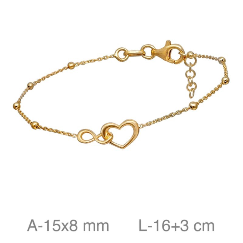 Pulsera de Corazón y Infinito con Bolitas en Plata Ley Bañada en Oro