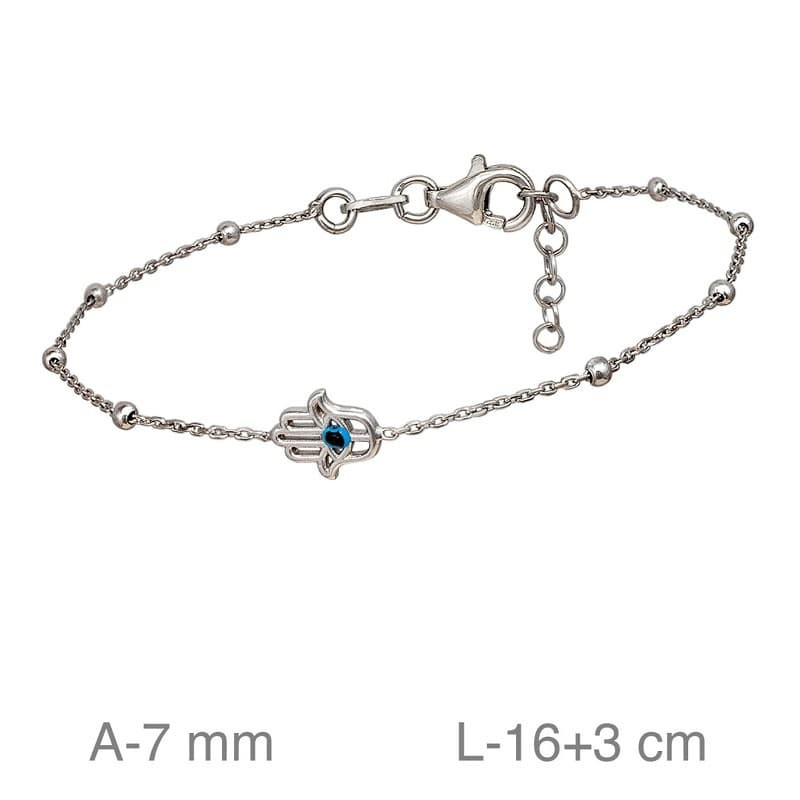 Pulsera con Mano de Fátima y Bolitas en Plata Ley