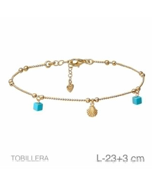 Tobillera Cubos Turquesa y Concha de Plata Ley Bañada en Oro