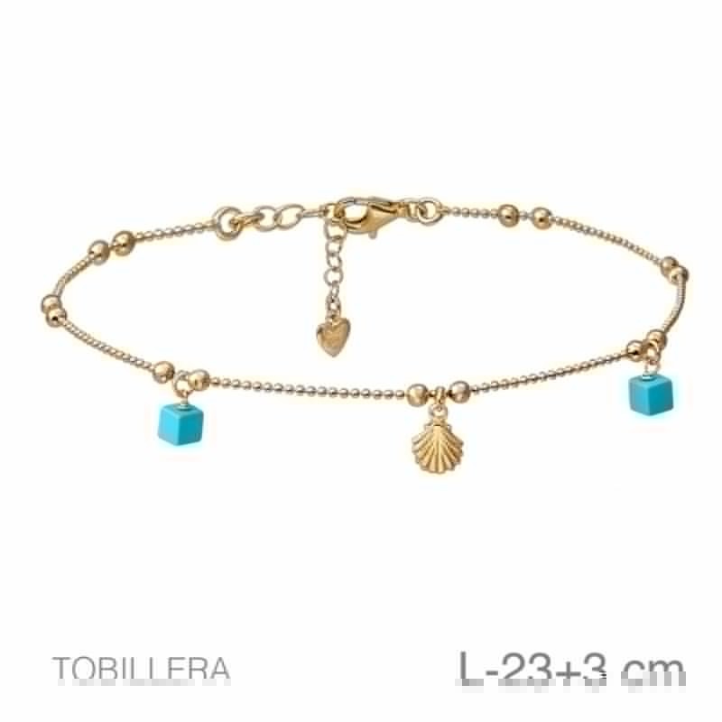 Tobillera Cubos Turquesa y Concha de Plata Ley Bañada en Oro