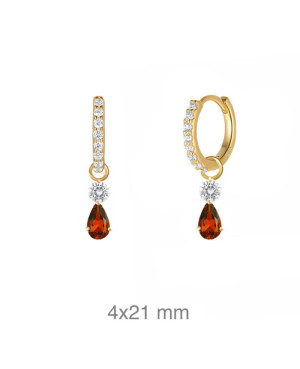 Pendientes Aros con Circonita Color Rojo en Plata Ley Bañada en Oro