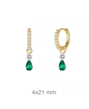 Pendientes Aros con Circonita Color Esmeralda en Plata Ley Bañada en Oro