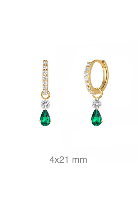 Pendientes Aros con Circonita Color Esmeralda en Plata Ley Bañada en Oro