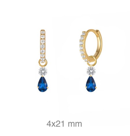 Pendientes Aros con Circonita Color Zafiro en Plata Ley Bañada en Oro