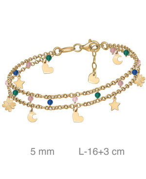 Pulsera Doble con Colgantes y Piedras Multicolores Plata Ley Bañada en Oro