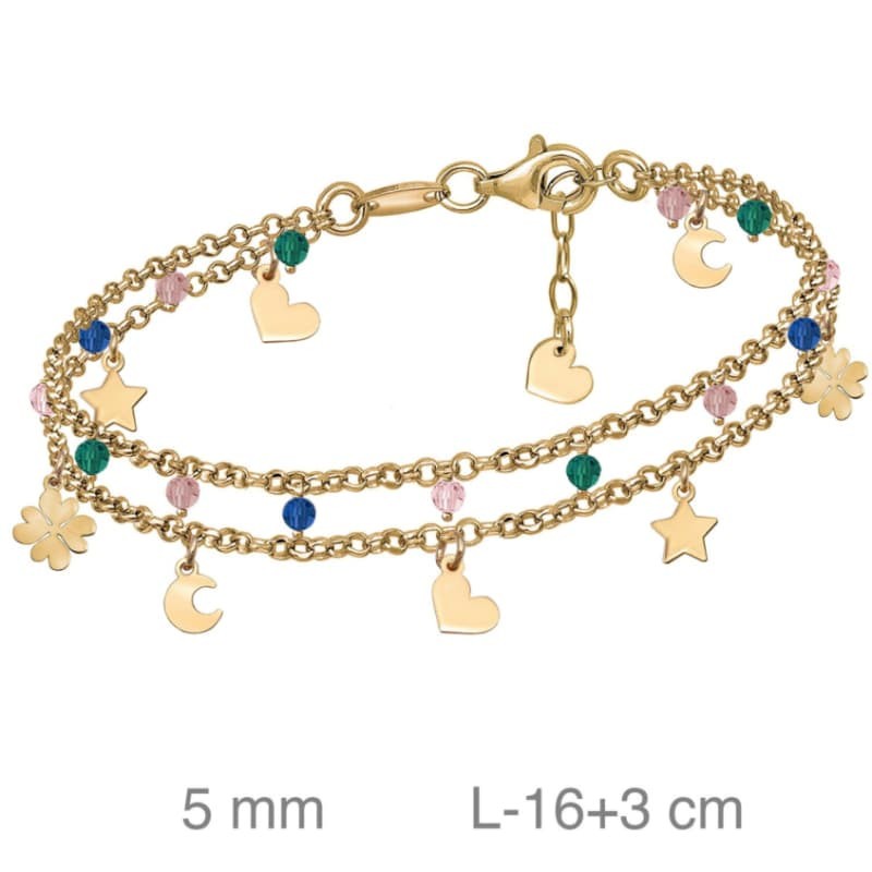 Pulsera Doble con Colgantes y Piedras Multicolores Plata Ley Bañada en Oro