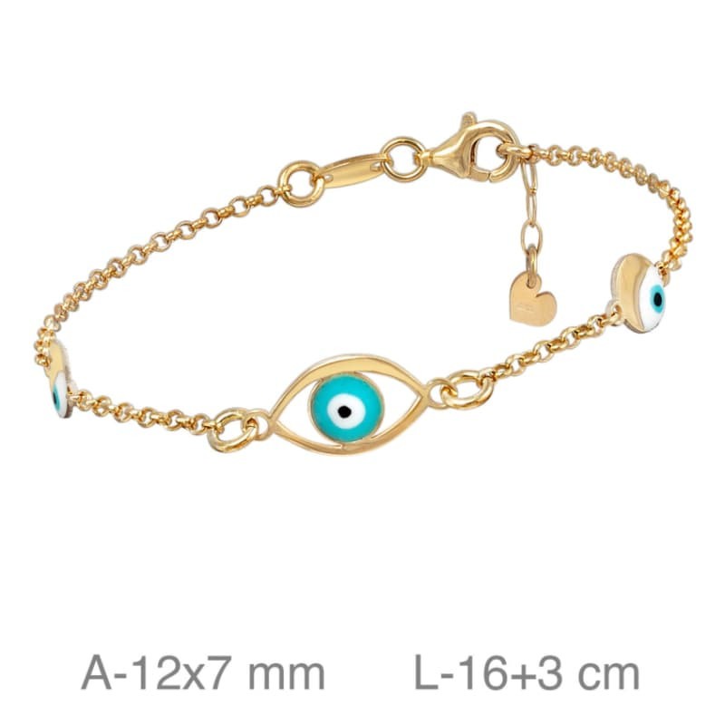 Pulsera con Ojos Turcos de Plata Ley Bañada en Oro