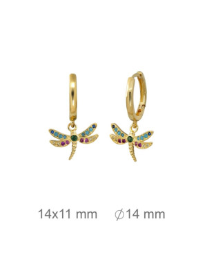 Pendientes Aros de Libélula con Circonitas en Plata Ley Bañada en Oro