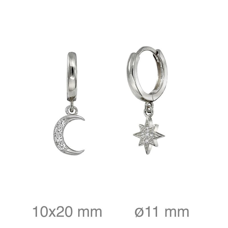 Pendientes Aros de Estrella del Norte y Luna con Circonitas en Plata Ley