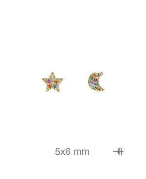 Pendientes Luna y Estrella con Circonitas de colores en Plata de Ley con Baño de Oro