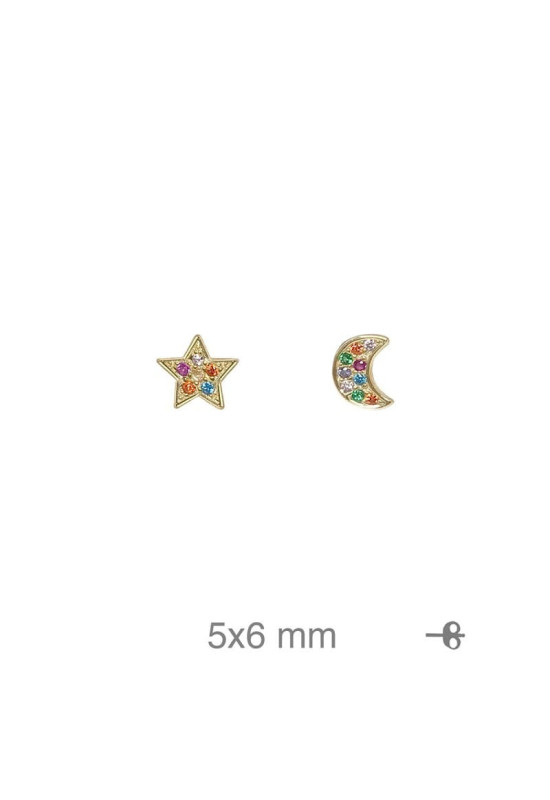 Pendientes Luna y Estrella con Circonitas de colores en Plata de Ley con Baño de Oro