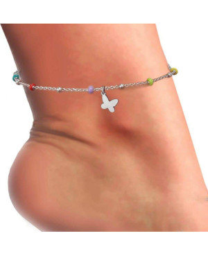Tobillera con Bolitas de Colores y Mariposa Plata Ley