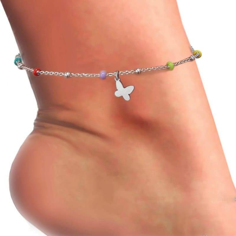 Tobillera con Bolitas de Colores y Mariposa Plata Ley