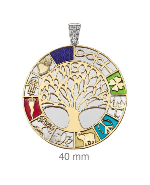 Colgante Árbol de la Vida de Multi Amuletos con Circonitas y Esmalte en Plata Ley Bicolor