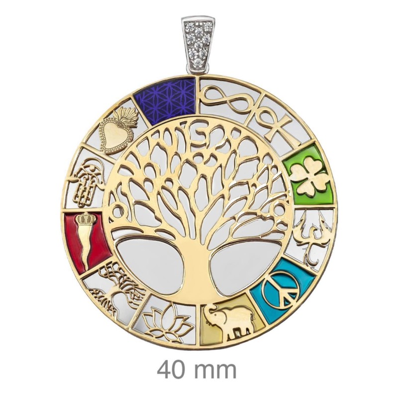 Colgante Árbol de la Vida de Multi Amuletos con Circonitas y Esmalte en Plata Ley Bicolor