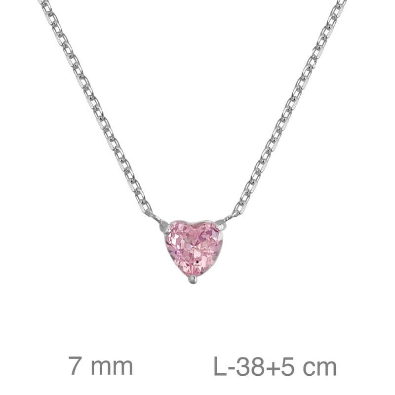 Collar Corazón con Circonita Rosa de Plata Ley