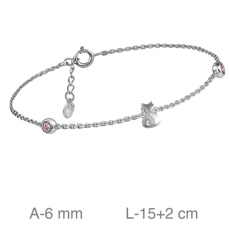 Pulsera Gato y Circonitas Rosa Plata Ley