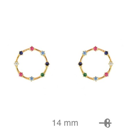 Pendientes Circulo Circonita Multicolores Plata Ley Bañada en Oro