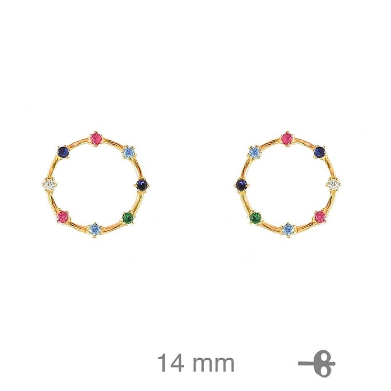 Pendientes Circulo Circonita Multicolores Plata Ley Bañada en Oro
