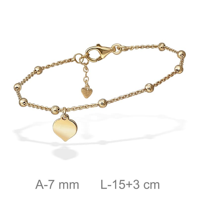 Pulsera con Bolitas y Corazón Plata Ley con Baño de Oro
