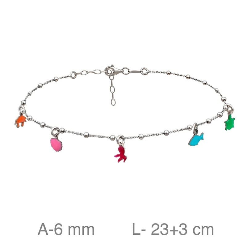 Tobillera con Charms Esmaltados en Colores de Plata Ley