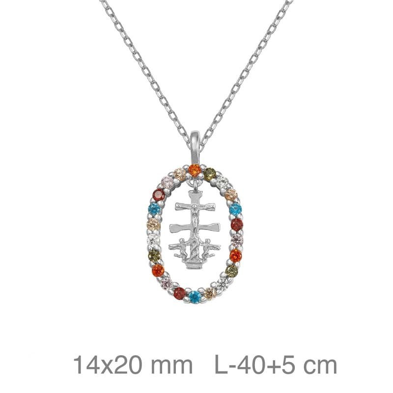 Collar Circulo de Circonitas Multicolores con la Cruz de Caravaca en Plata Ley