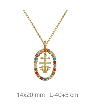 Collar Circulo de Circonitas Multicolores con la Cruz de Caravaca en Plata Ley Bañada en Oro
