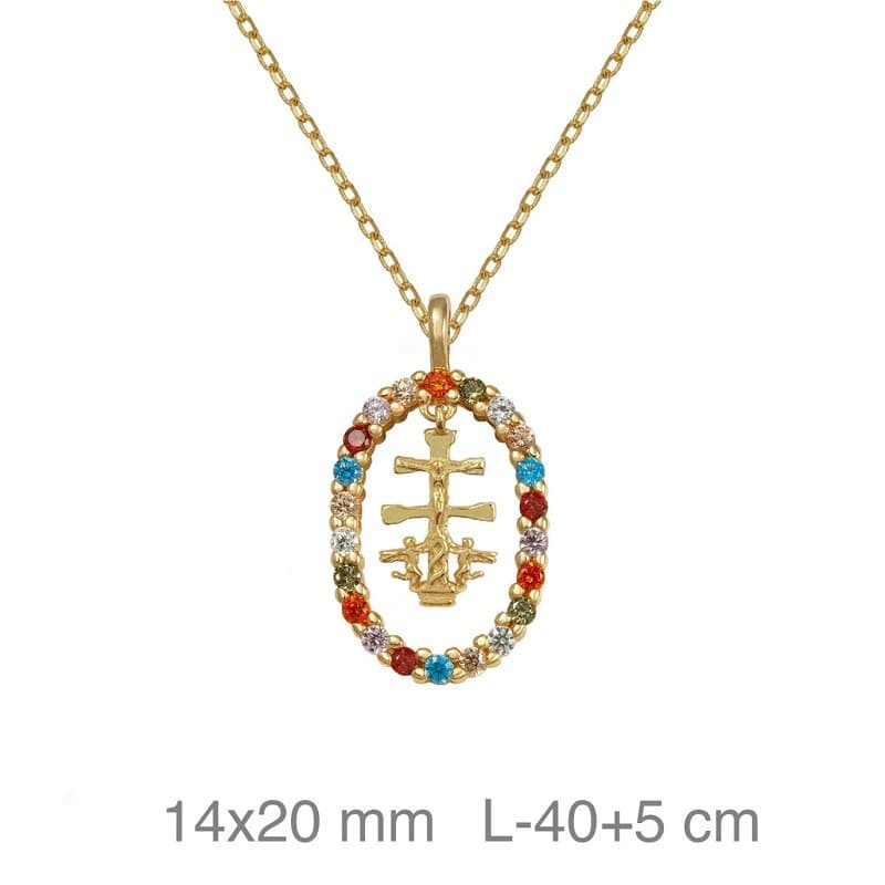 Collar Circulo de Circonitas Multicolores con la Cruz de Caravaca en Plata Ley Bañada en Oro