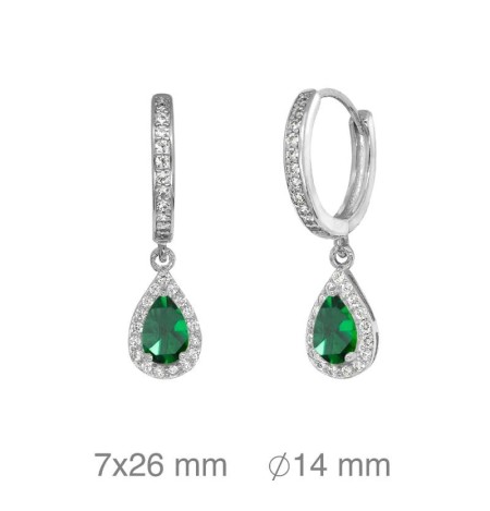 Pendientes Aros con Circonitas y Lagrima color Esmeralda de Plata Ley