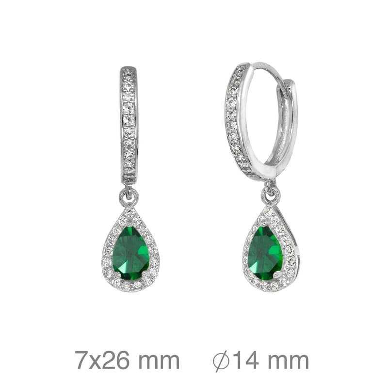 Pendientes Aros con Circonitas y Lagrima color Esmeralda de Plata Ley