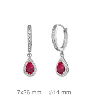 Pendientes Aros con Circonitas y Lagrima color Rubí de Plata Ley