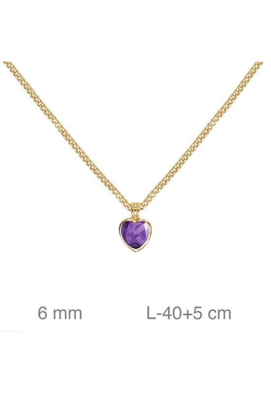 Collar Corazón  con Circonita Color Amatista de Plata Ley Bañada en Oro