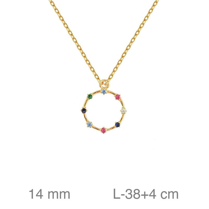 Collar Circulo Circonitas de Colores Plata Ley Bañada en Oro